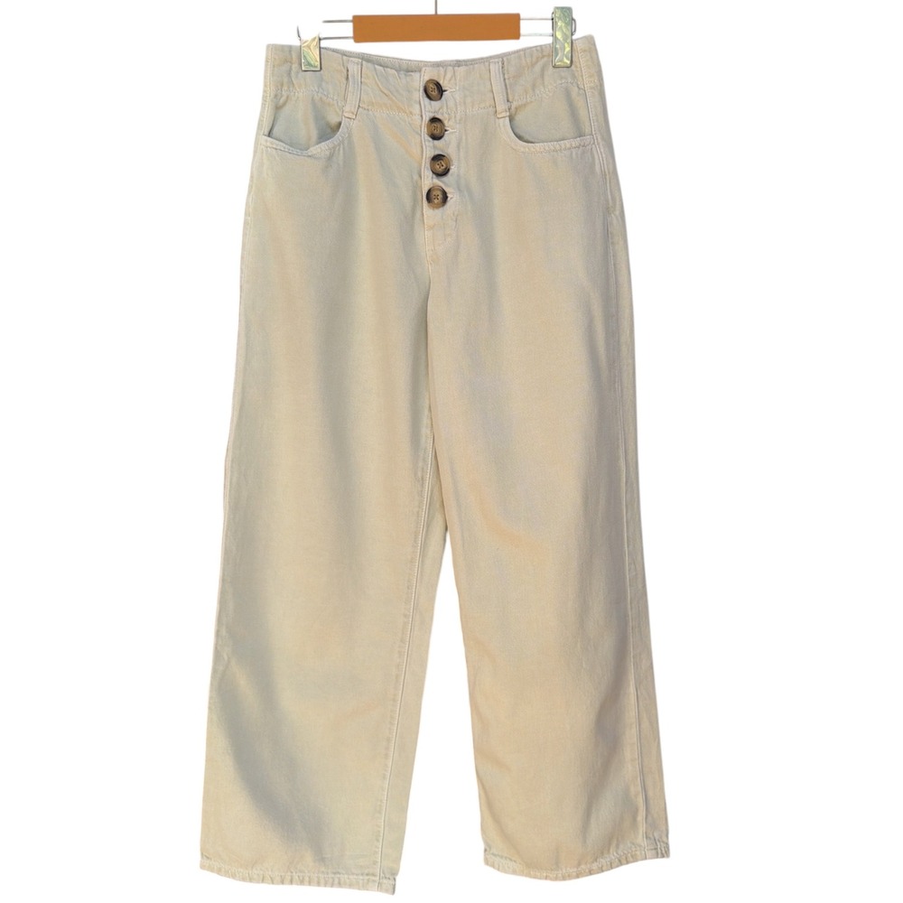Zara Womens Cream High Waisted Wide Leg Button Fly Denim Pants Size 6 US 38 EU